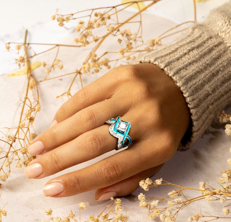 Anel Ondas do Mar: Conjunto de anel de 2 peças - prata esterlina S925 - Luxo e Exclusividade em suas mãos