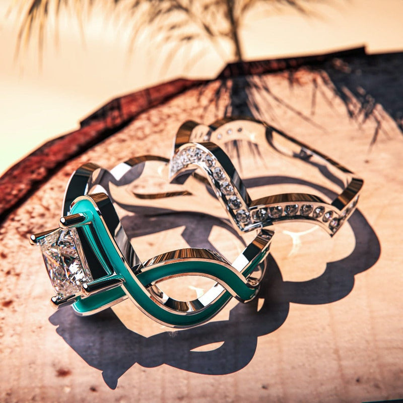 Anel Ondas do Mar: Conjunto de anel de 2 peças - prata esterlina S925 - Luxo e Exclusividade em suas mãos