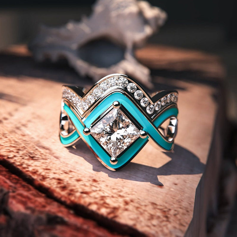 Anel Ondas do Mar: Conjunto de anel de 2 peças - prata esterlina S925 - Luxo e Exclusividade em suas mãos