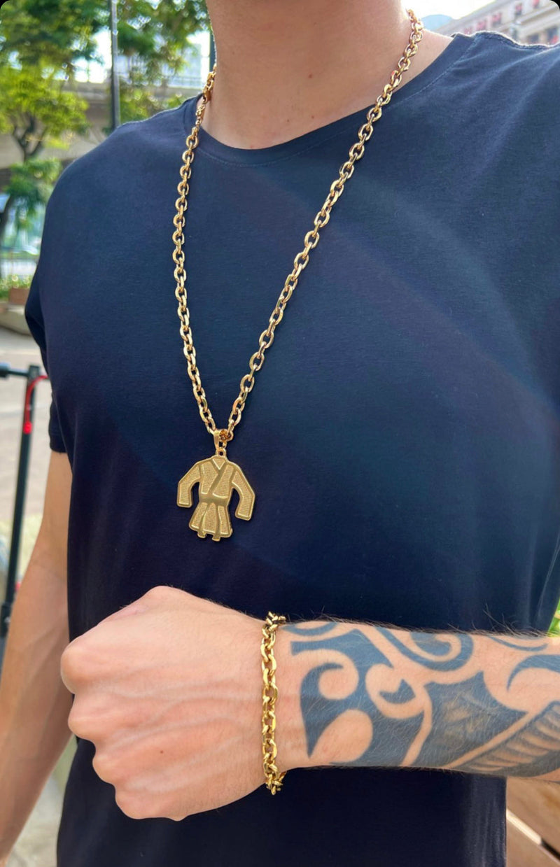 KIT CADEADO + PIGENTE FAIXA PRETA BANHADO A OURO 18K.