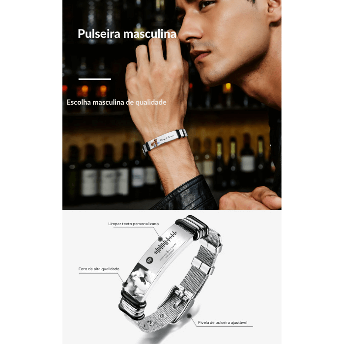 Pulseira de Amor Eterno™ com sua foto com sua alma gêmea e mensagem gravada