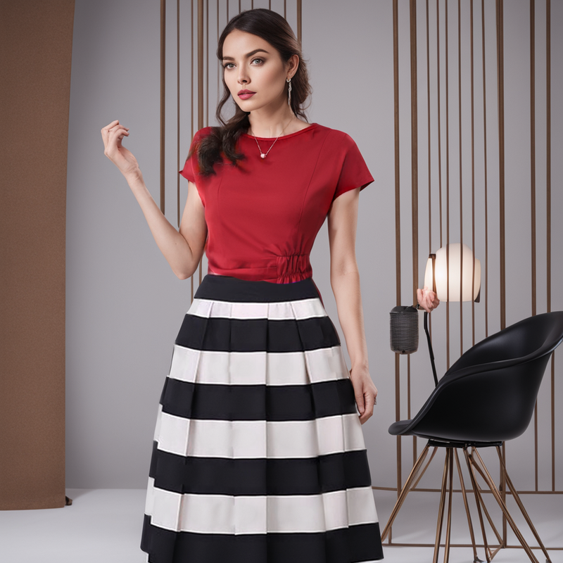 Conjunto Beleza Pura™: Saia com Listras Notáveis e Blusa Elegante!